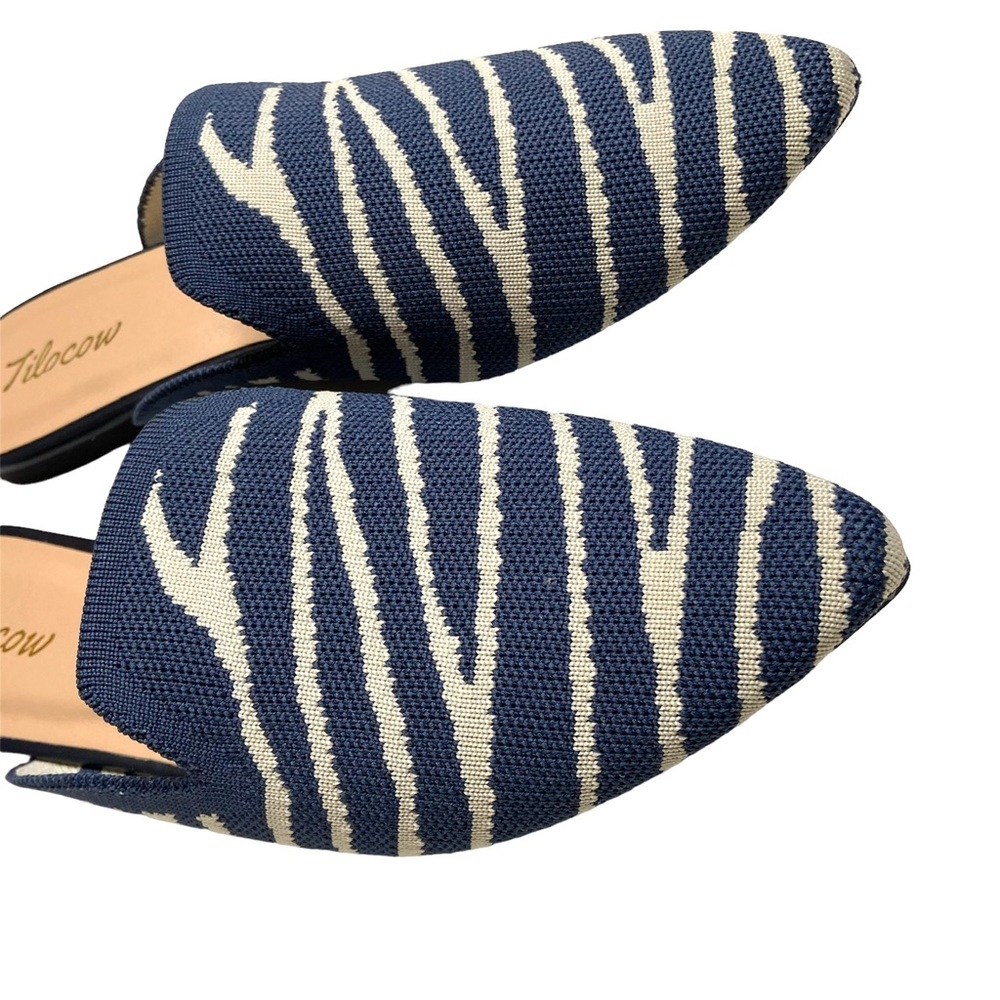 TILOCOW Blue Zebra Stripe Pointed Toe Knit Mules - Picture 3 of 16